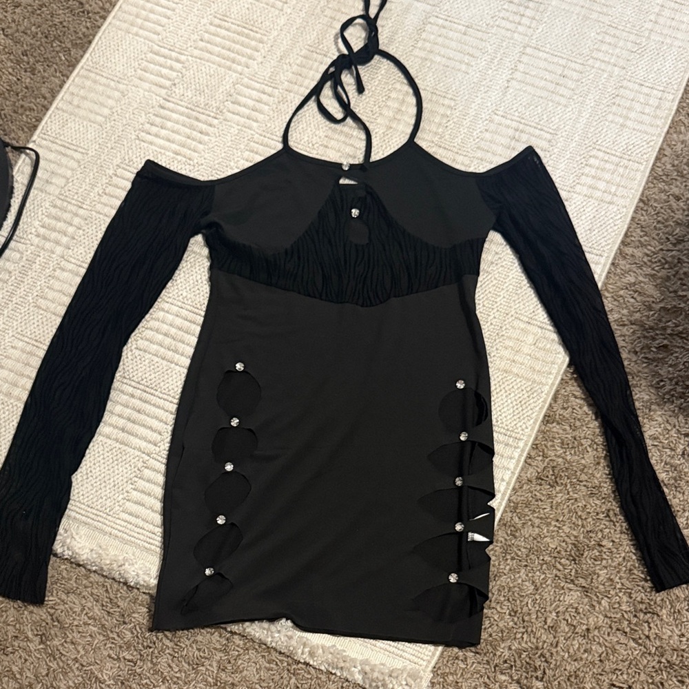 Black Off-Shoulder Long Sleeve Mini Dress with Cutout Detail